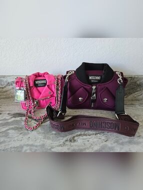 Lot Of 2 Moschino Pink & Plum Mini Jacket Motorcycle Crossbody Bags